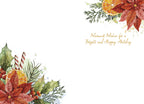 Inside view of a beautiful holiday greeting card, showcasing the same watercolor design of poinsettias, holly, and citrus in the top and bottom corners. The central message, 'Warmest Wishes for a Bright and Happy Holiday,' is elegantly printed in golden script on a clean white background, providing ample space for a personal message.