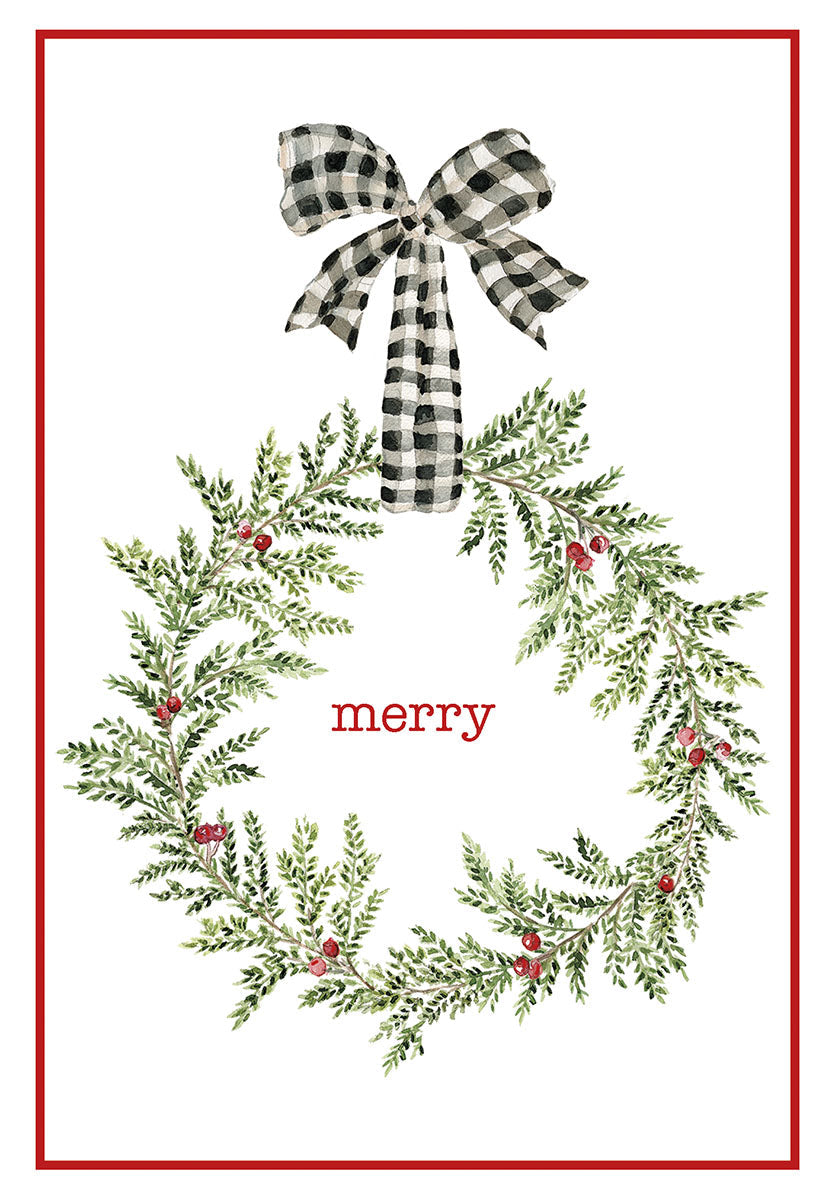 Front of a watercolor holiday greeting card featuring a green wreath with red berries and a black and white buffalo plaid bow, on a white background with a red border and the word 'merry' in red script.