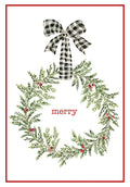 Front of a watercolor holiday greeting card featuring a green wreath with red berries and a black and white buffalo plaid bow, on a white background with a red border and the word 'merry' in red script.