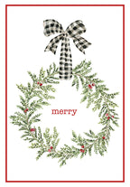 Front of a watercolor holiday greeting card featuring a green wreath with red berries and a black and white buffalo plaid bow, on a white background with a red border and the word 'merry' in red script.