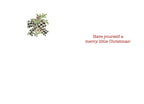 Inside of the holiday greeting card, showing a small watercolor sprig of greenery with red berries and a buffalo plaid bow in the top left corner. The main text in red script reads 'Have yourself a merry little Christmas!'.