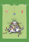 Funny white fluffy cat tangled in a string of colorful Christmas lights, looking surprised, against a festive green background. Humorous holiday greeting card front.