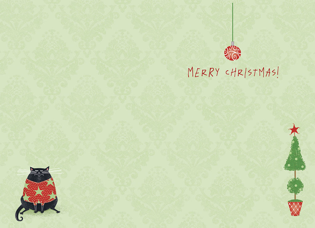 Inside of a funny holiday card with a light green damask pattern, featuring a small black cat in an ugly sweater and a festive tree. Includes 'MERRY CHRISTMAS!' text and ample space for a personalized message.