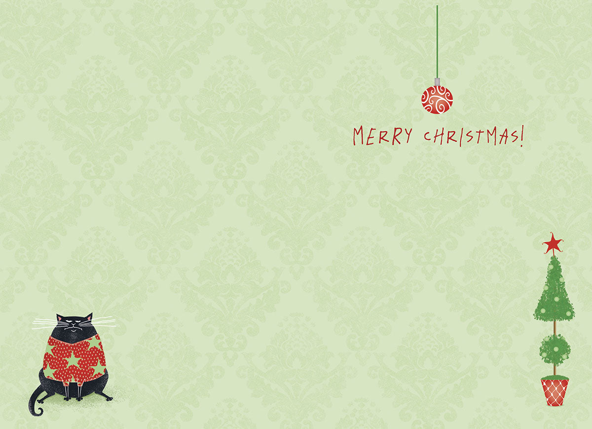 Inside of a funny holiday card with a light green damask pattern, featuring a small black cat in an ugly sweater and a festive tree. Includes 'MERRY CHRISTMAS!' text and ample space for a personalized message.