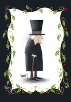 Funny holiday greeting card featuring a cartoon illustration of a grumpy man in a top hat and coat, reminiscent of Ebenezer Scrooge, holding a cane, framed by festive green holly and red berries on a dark background. Perfect for sending witty season's greetings.