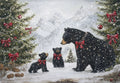 Black bear family greeting card, festive forest scene with cubs, snowy mountains, and decorated evergreen trees with red bows and ornaments.
