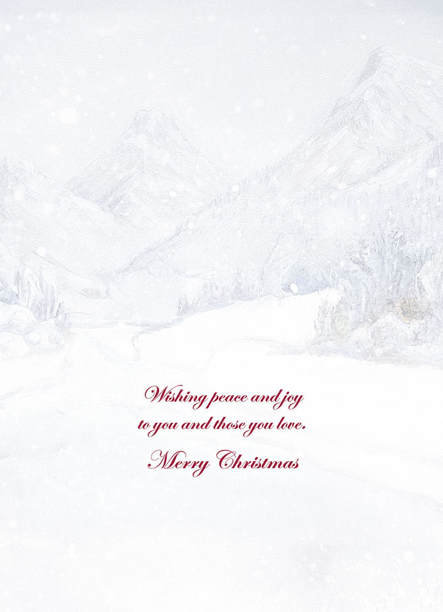 Inside of holiday greeting card, minimalist snowy mountain background with 'Wishing peace and joy to you and those you love. Merry Christmas' text in red script.