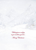 Inside of holiday greeting card, minimalist snowy mountain background with 'Wishing peace and joy to you and those you love. Merry Christmas' text in red script.