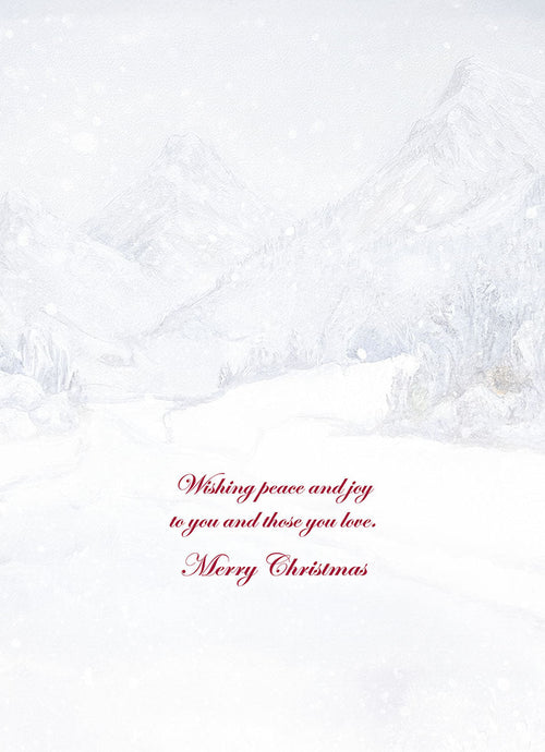 SEO optimized alt description for the inside of the greeting card, featuring a subtle background of snowy mountains and the elegant red script text: 'Wishing peace and joy to you and those you love. Merry Christmas.' Ideal for seasonal messages.