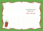 Inside view of a humorous festive card with a red decorative present. Text reads: 'SO YOU MIGHT AS WELL DROP THE ACT. MERRY CHRISTMAS!' Blank space for a personalized message.