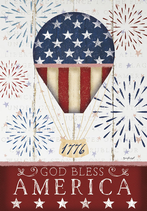 Front view of a patriotic greeting card featuring a hot air balloon designed with the American flag, surrounded by vibrant red and blue fireworks, and the text 'God Bless America 1776' on a rustic white wood background.