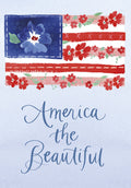 Front of a patriotic greeting card featuring 'America the Beautiful' in elegant script below a watercolor American flag with red floral stripes and a blue field of stars and a large blue flower, suitable for any associate.