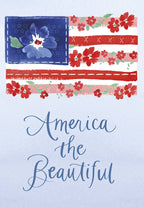 Front of a patriotic greeting card featuring 'America the Beautiful' in elegant script below a watercolor American flag with red floral stripes and a blue field of stars and a large blue flower, suitable for any associate.