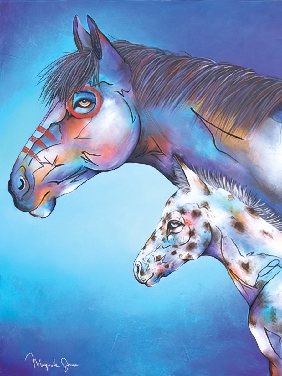 Vibrant painting of an adult horse and a foal with Native American inspired markings against a blue background.