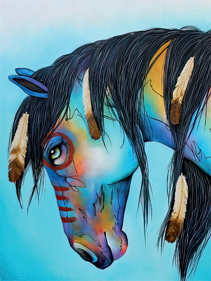 Expressive painting of a horse's head adorned with feathers and face paint in a vibrant, stylized manner.