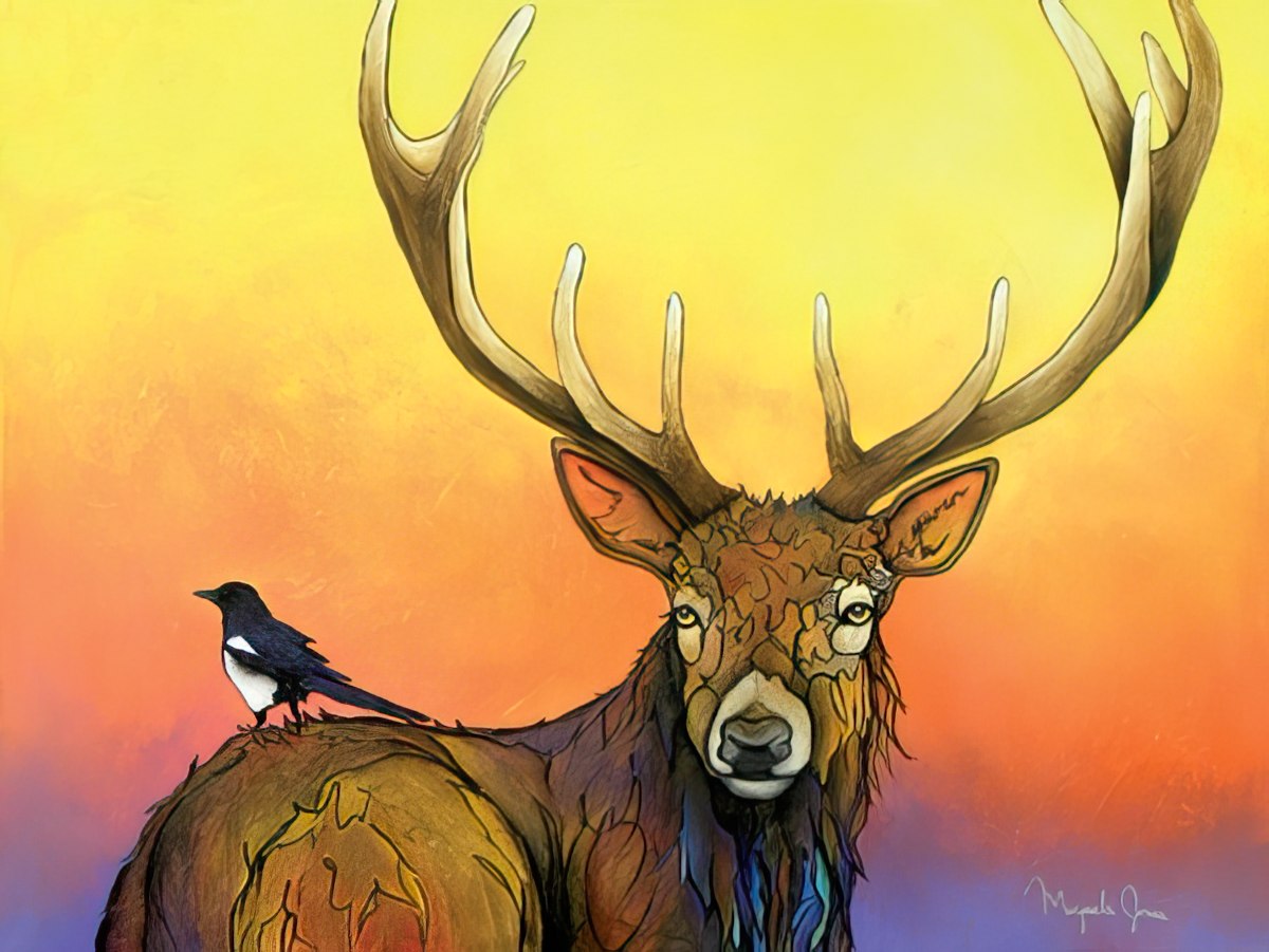 Striking painting of an elk with large antlers and a black bird perched on its back, against a sunset-colored sky.