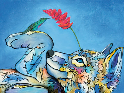 Artistic depiction of a wolf looking up at a hummingbird near a red flower, against a soft blue background.