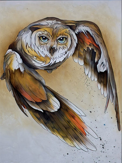 Dynamic painting of an owl in flight, with detailed feathers in brown, white, and orange hues on a warm background.