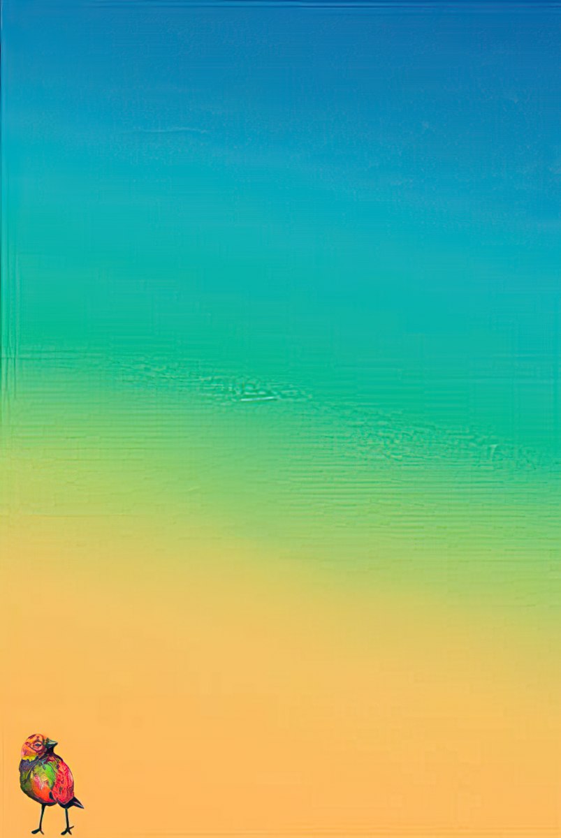 Blue and yellow gradient background of a blank greeting card inside with a small bird graphic.