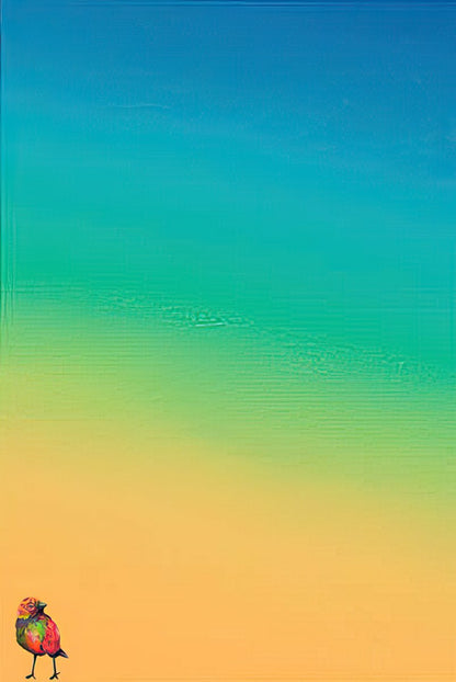 Blue and yellow gradient background of a blank greeting card inside with a small bird graphic.