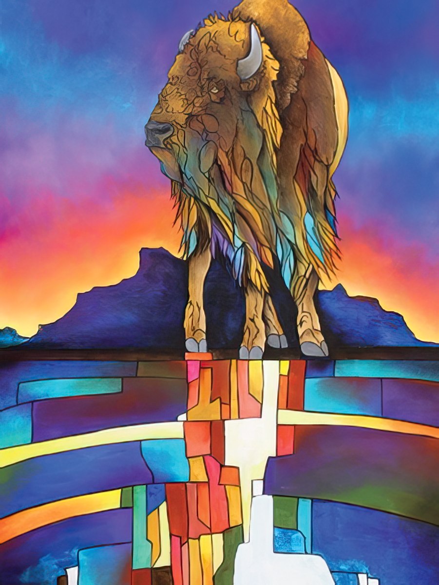 Majestic painting of a bison standing on colorful, geometric patterns against a dramatic sunset sky.
