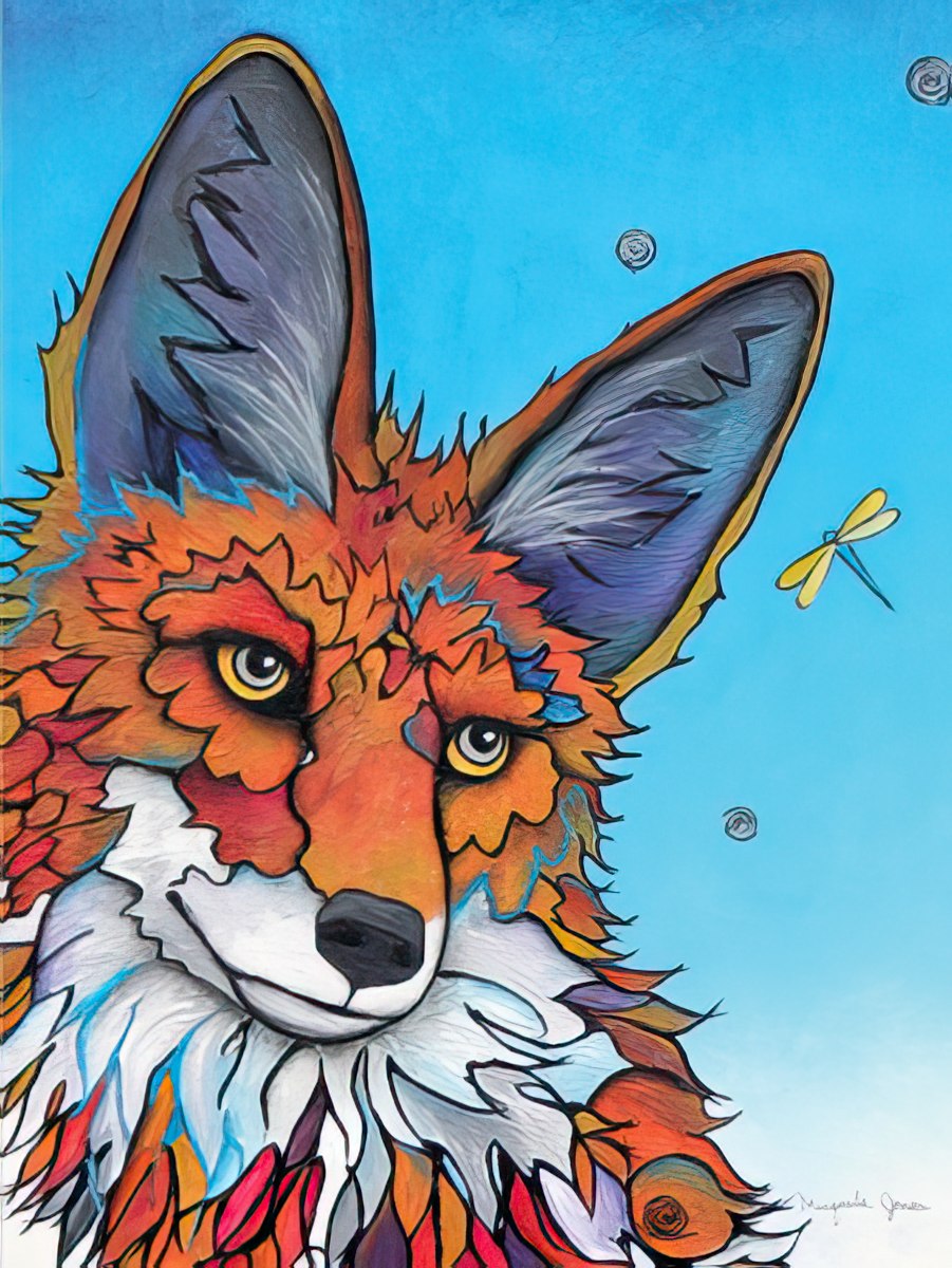 Close-up of a vibrant fox with large ears and intricate fur details, looking directly at the viewer.