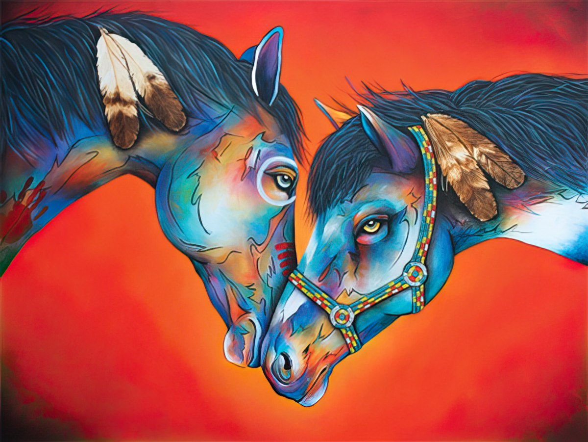 Two horses with Native American-inspired markings nuzzling each other, against a bold red background.