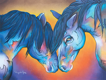 Two stylized blue horses nuzzling, painted with vibrant highlights and shadows against an orange-purple background.