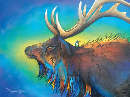 Colorful painting of an elk with prominent antlers and a tiny hummingbird on its back, against a blue-green sky.