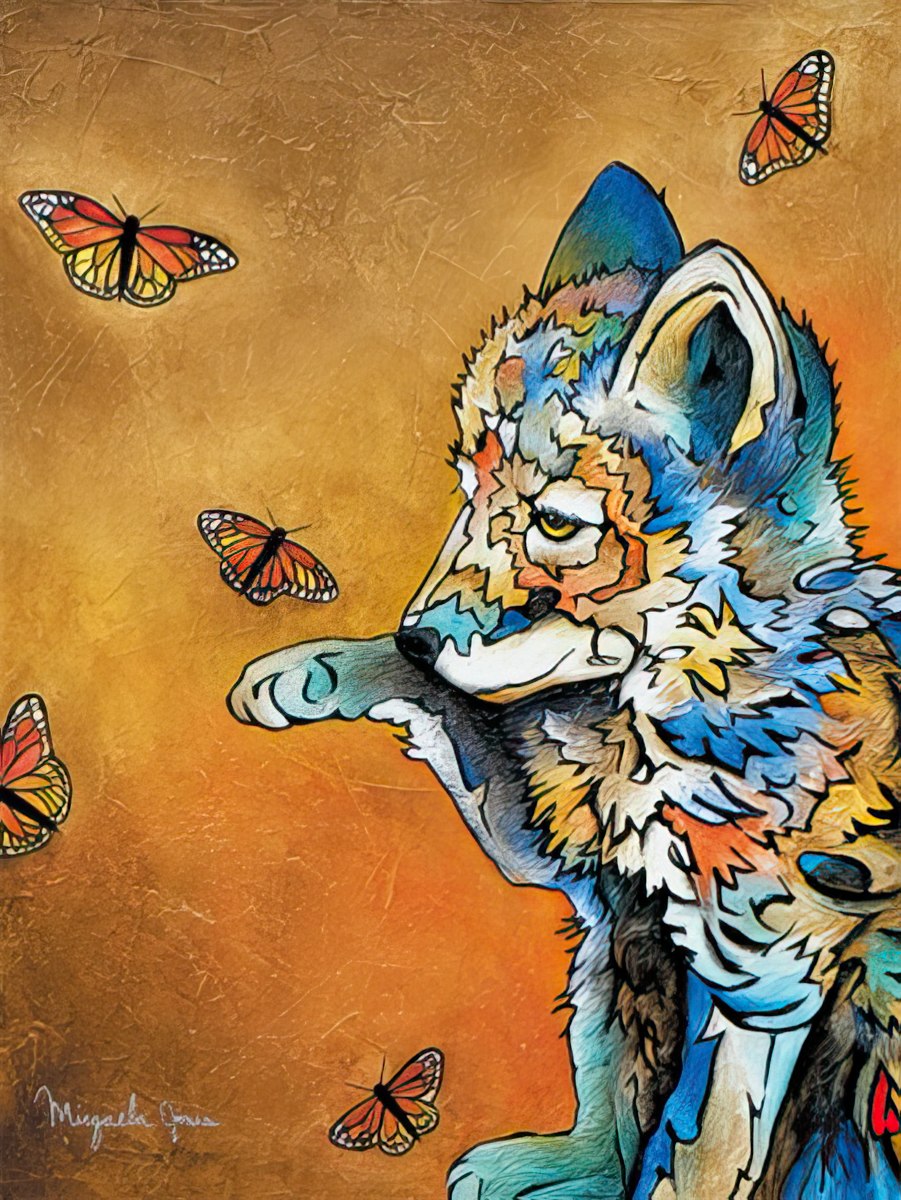 Artistic depiction of a wolf-like creature reaching for butterflies on a textured orange background.