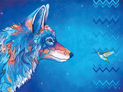 Stylized blue wolf with intricate patterns looking at a hummingbird, against a textured blue background with chevron patterns.