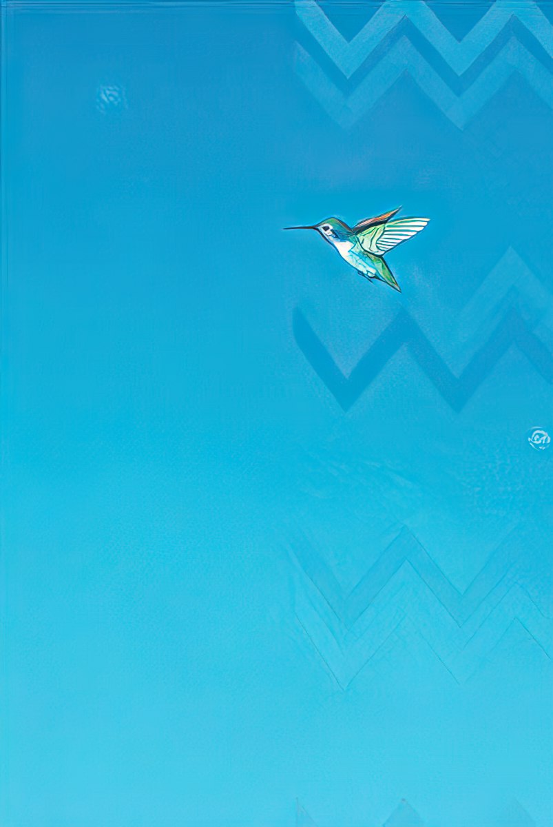 Solid blue background of a blank greeting card inside with a small hummingbird graphic and chevron patterns.