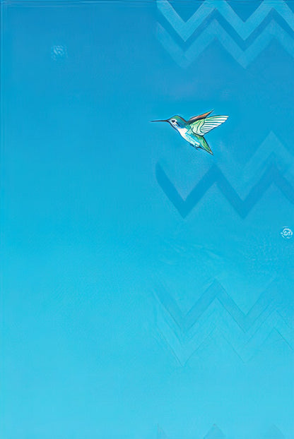 Solid blue background of a blank greeting card inside with a small hummingbird graphic and chevron patterns.