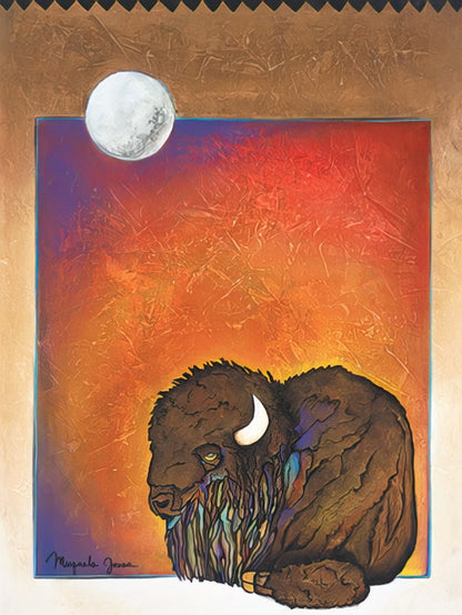 Painting of a bison sitting under a large moon, with colorful fur accents, against a warm, textured background.