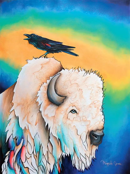 Vibrant painting of a white bison with a black bird perched on its head, against a colorful blue and yellow gradient sky.