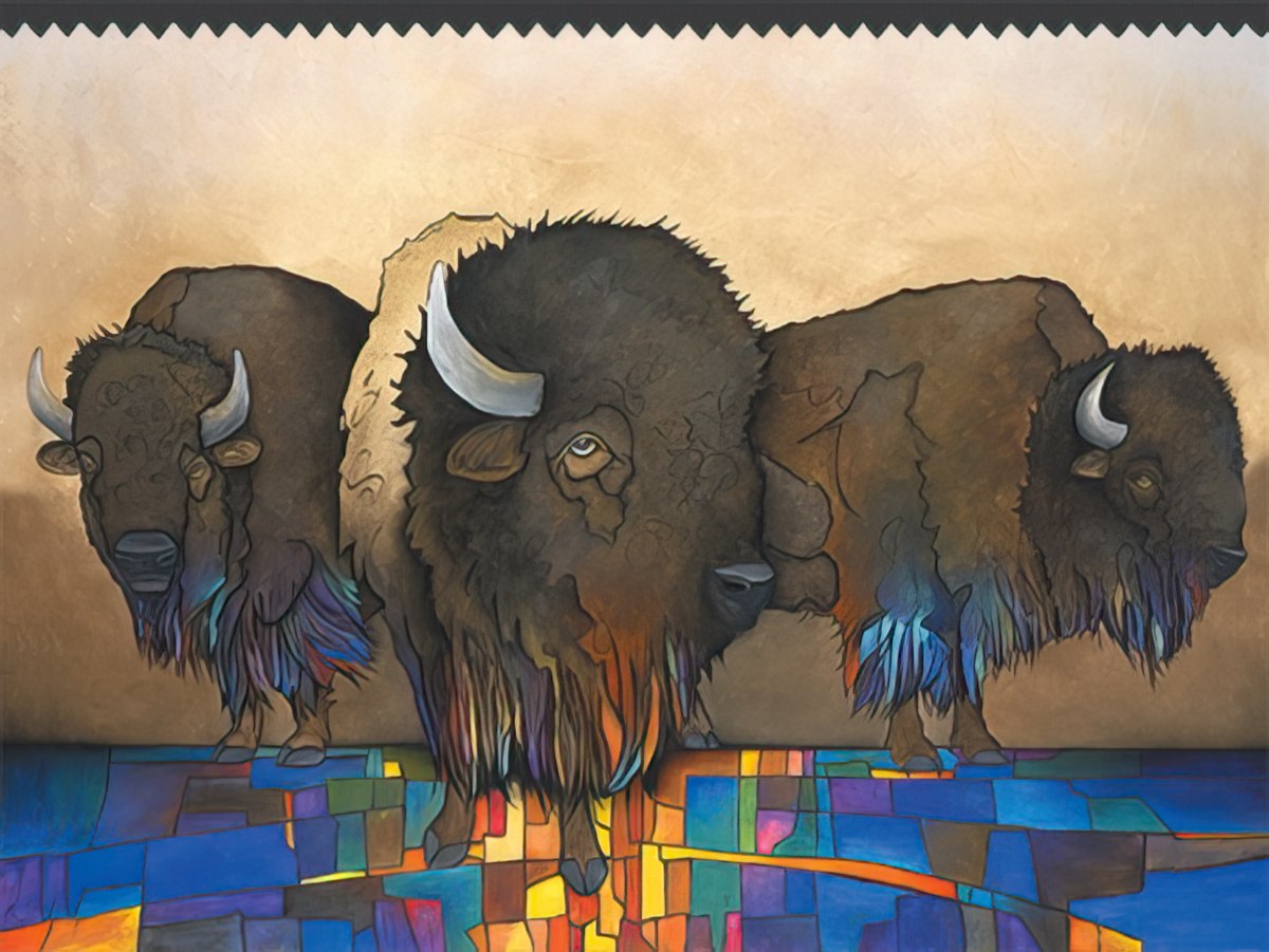 Three robust bison standing on a colorful, geometric landscape, painted with expressive brushstrokes.