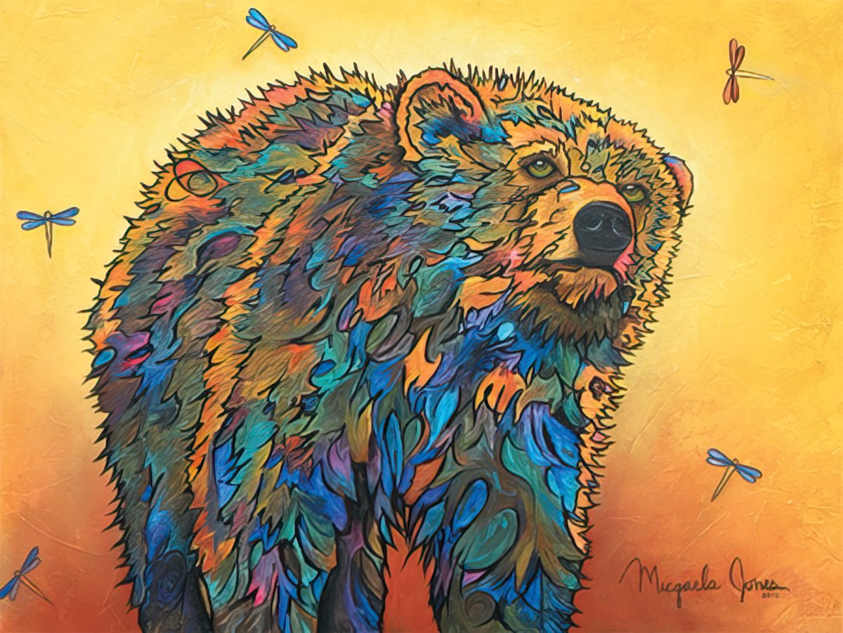 Colorful bear painting with intricate fur details and various shades of blue, orange, and green on a yellow background.