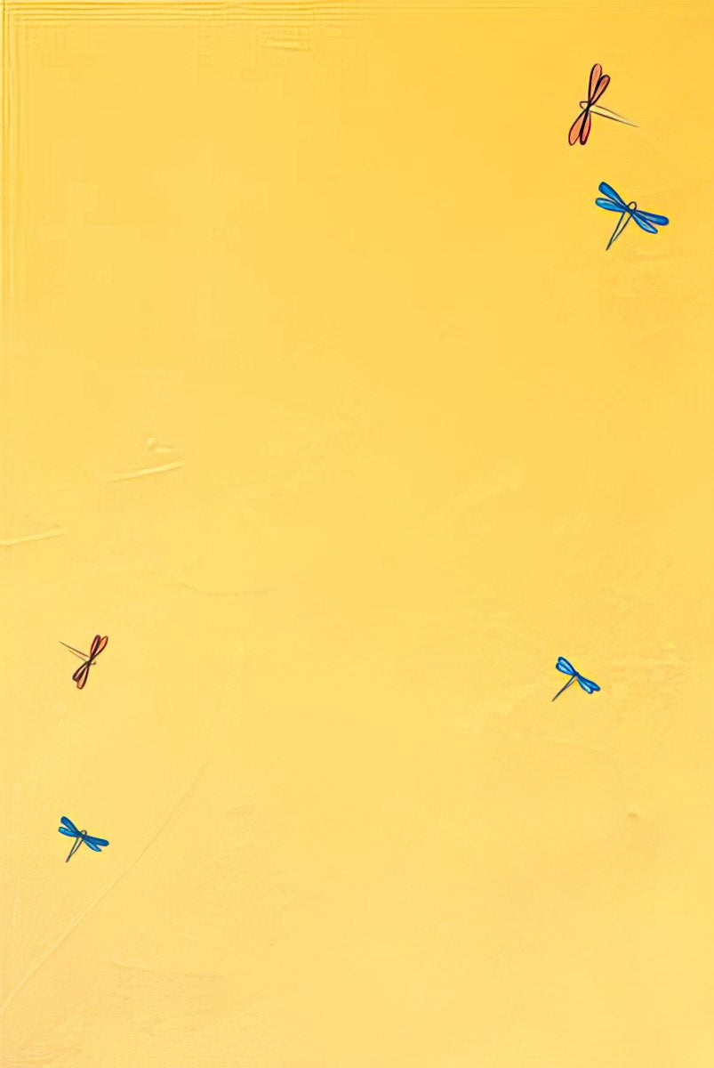 Solid yellow background of a blank greeting card inside with scattered dragonfly graphics.