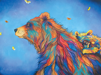 Profile painting of a mother bear and cub, with multicolored fur, surrounded by flying butterflies on a blue sky.