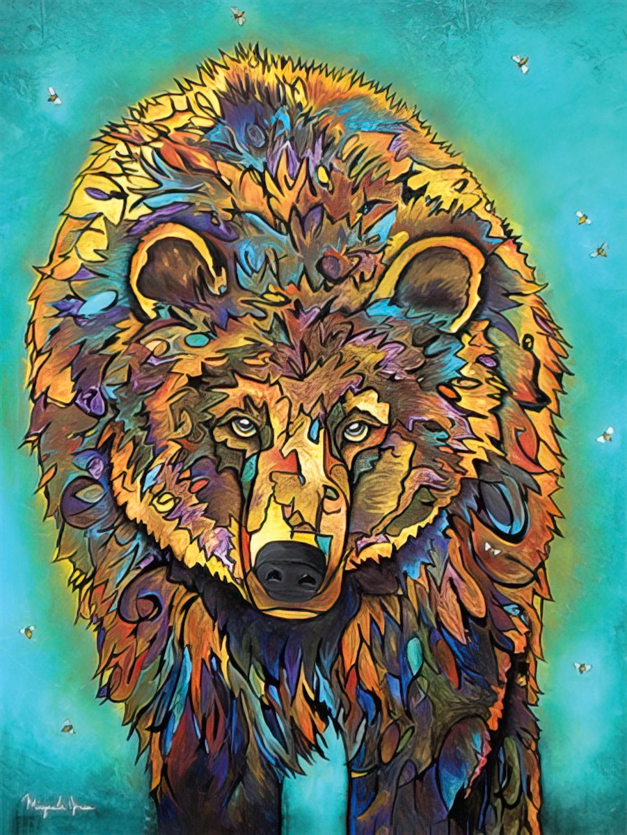 Front-facing painting of a bear with vibrant, detailed fur in blues, oranges, and greens, against a teal background.