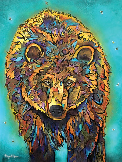 Front-facing painting of a bear with vibrant, detailed fur in blues, oranges, and greens, against a teal background.