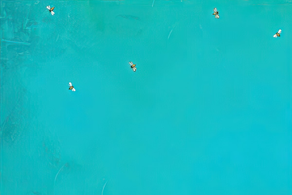 Solid teal background of a blank greeting card inside with small bee graphics.