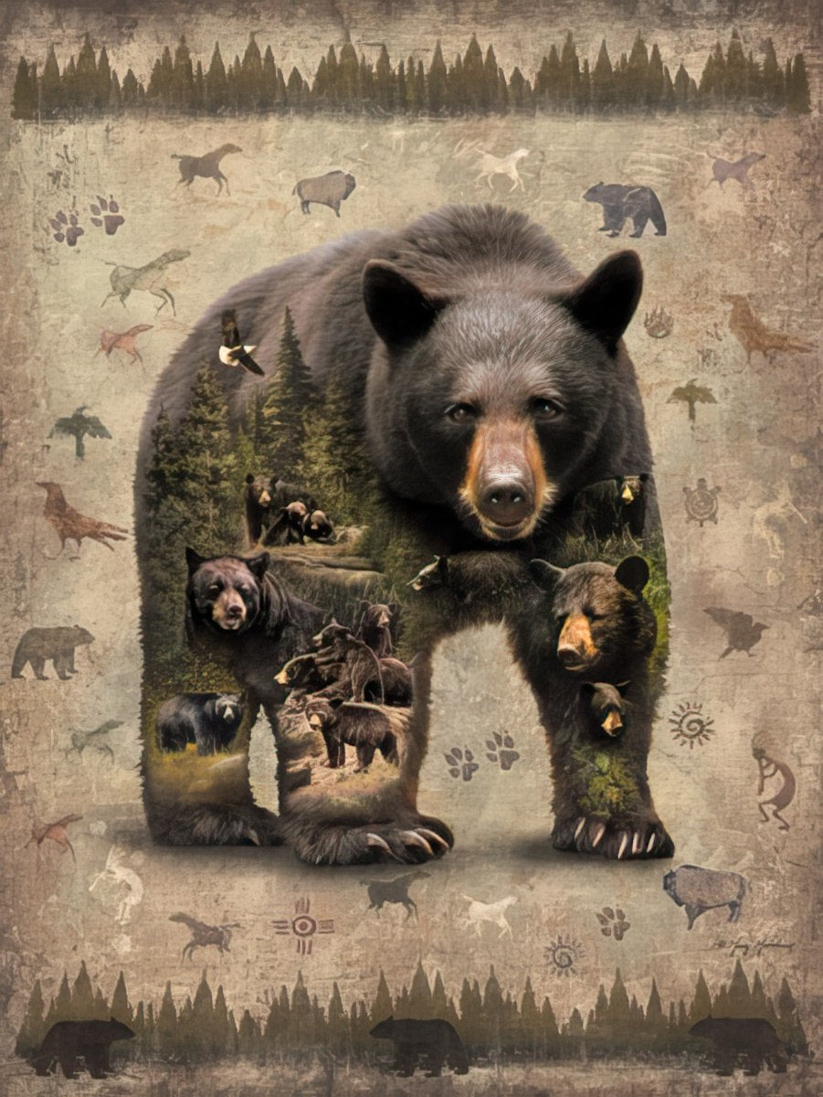 Front of a rustic greeting card featuring a large black bear overlaid with a forest scene and various wildlife pictograms.