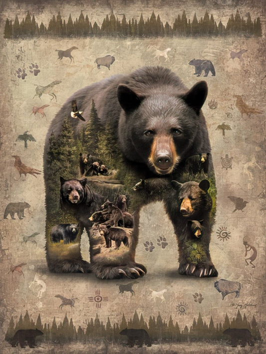 Front of a rustic greeting card featuring a large black bear overlaid with a forest scene and various wildlife pictograms.