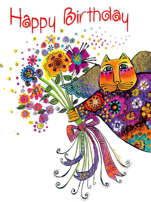 Happy Birthday card with a whimsical, artistic cat holding a vibrant bouquet of colorful, abstract flowers on a white background.
