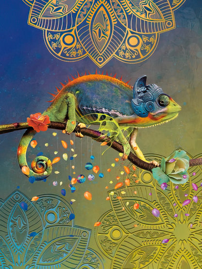 A vibrant chameleon on a branch with colorful petals, intricate golden mandala patterns, and a blue-yellow background.