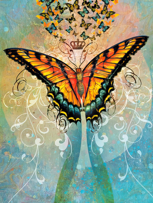 Vibrant orange butterfly with outstretched wings, golden crown, and scrolling patterns on a blue and green background with small butterflies.