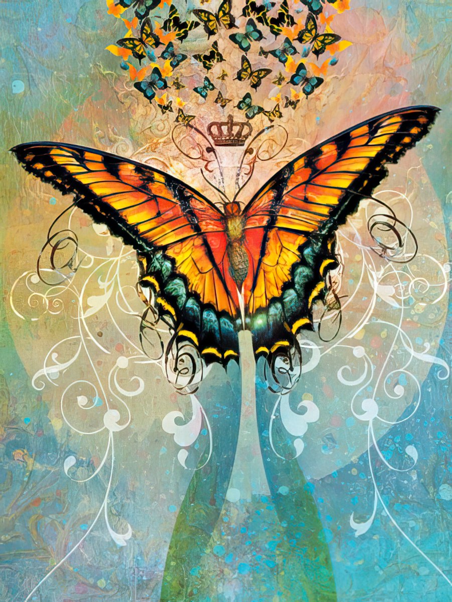 Vibrant greeting card featuring a majestic orange and yellow butterfly with a crown, surrounded by swirling patterns and smaller butterflies, perfect for celebrating special moments.
