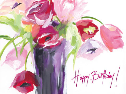 Front of a vibrant birthday greeting card featuring an abstract painting of pink, red, and purple flowers in a dark purple vase, with "Happy Birthday!" in script.