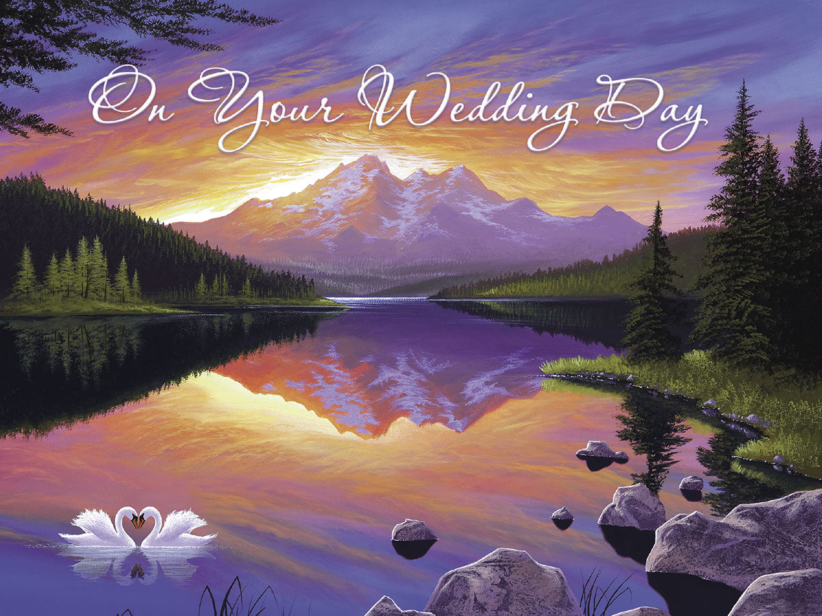 Wedding card with majestic mountain lake at sunset, two swans forming a heart, and 'On Your Wedding Day' text.